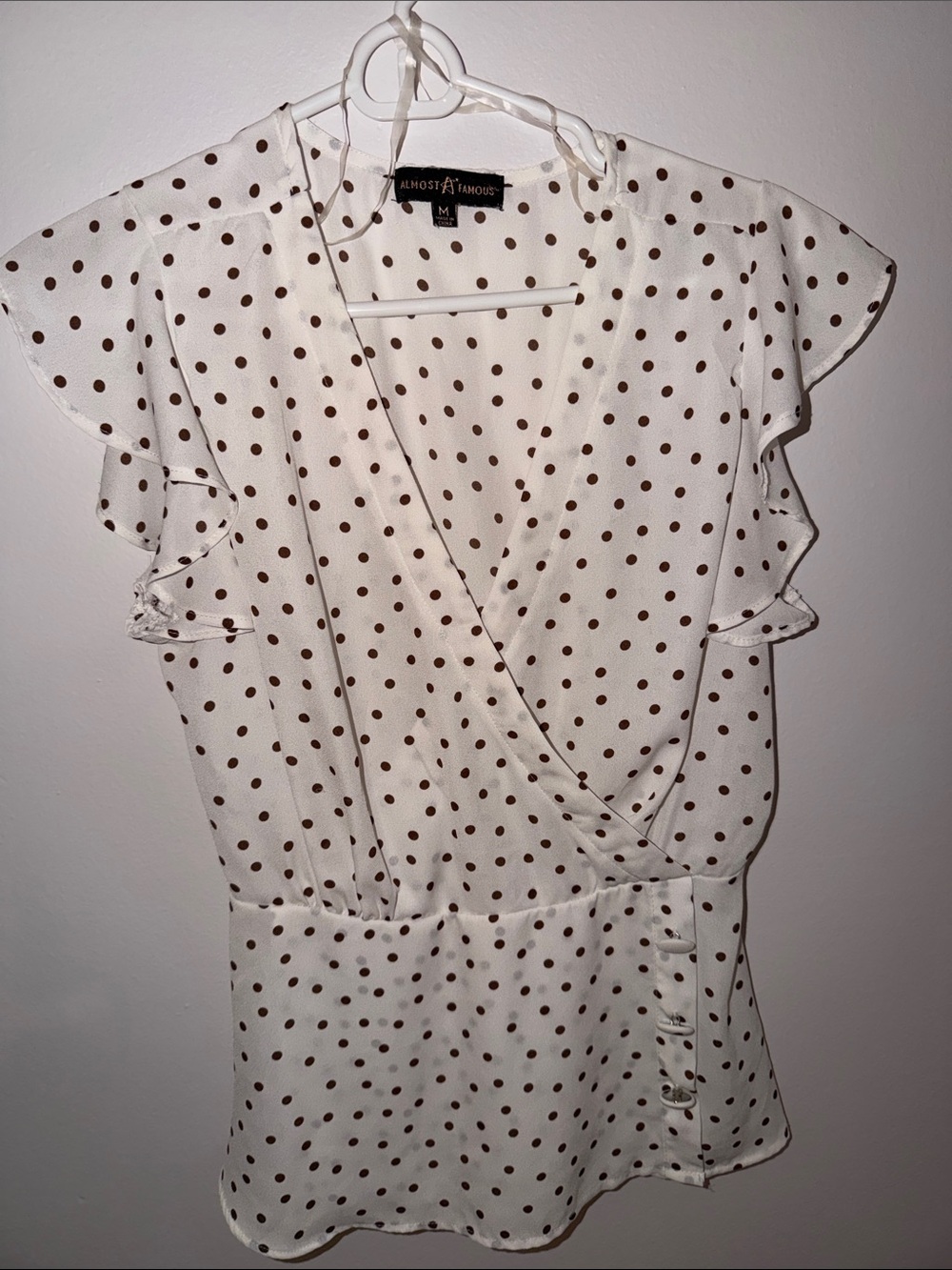 Almost Famous Cream Blouse with Brown Polka Dots